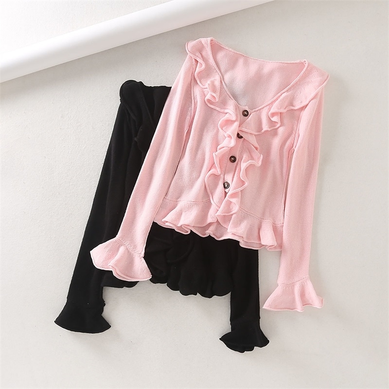 Women Spoon Neck Ruffles Edges Knit Cardigan With Flare Sleeve HOPA Sweater 210512