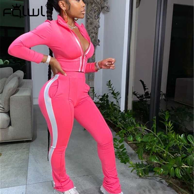 FQLWL Casual 2 Two Piece Set Women Sexy Pink Outfits Crop Top Stacked Pants Leggings Women Matching Sets Ladies Tracksuit Female Y0625