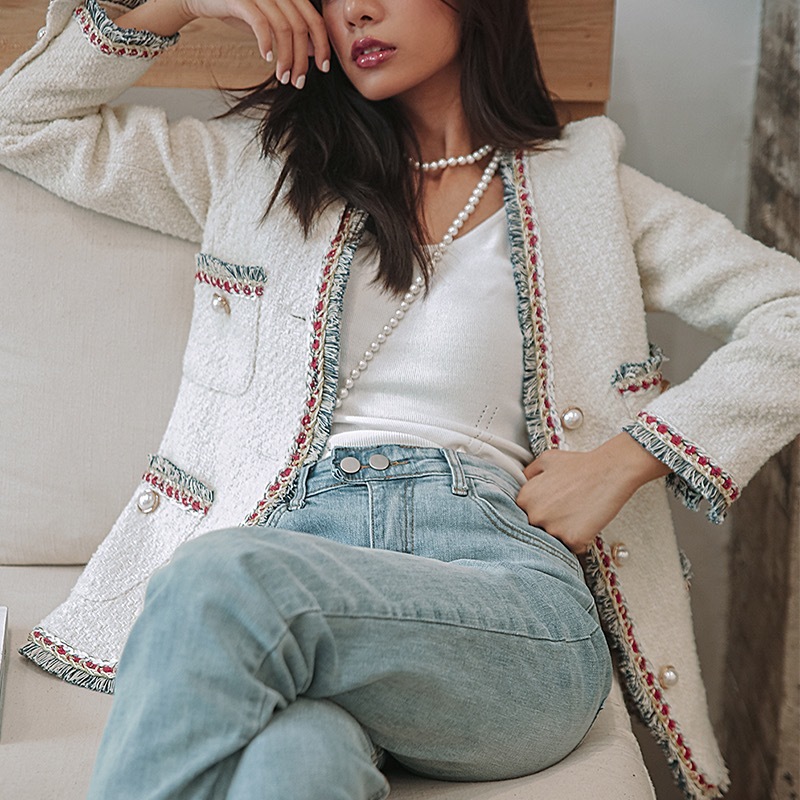 VintageTassel Tweed Jacket Coat Women Pearls Button Elegant White Jackets Pocket Loose Vintage Plaid Outwear Chic 210421