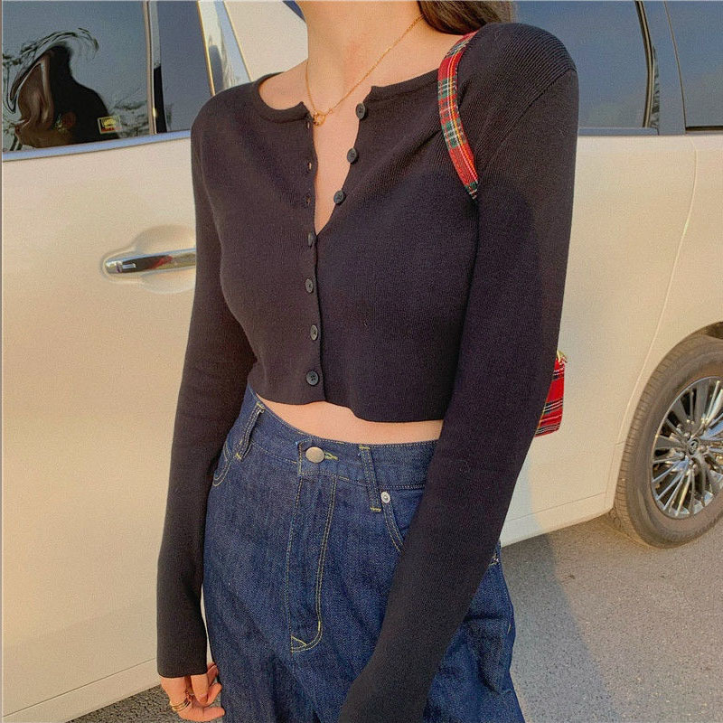 Korean High-waisted Single-breasted Button-up Long Sleeve Women's Top Spring Knitted Cardigan Slim Short Coat 12820 210427