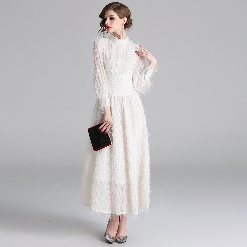 Comelsexy Summer Women's Elegant Stand Collar Lantern Sleeve Tassels Party Long Dresses Elegant Beige Feather Dress Vestido 210515