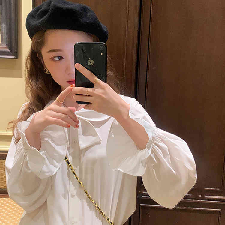 Chiffon Blouse Women Casual Bow Peter Pan Collar Long Sleeve Chiffon Shirt Female Office Lady Korean Tops Autumn Clothing 210521