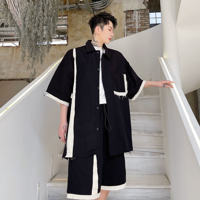 IEFB Men's Clothing Summer Structural Color Matching Loose Men's Short Sleeve Shirt Loose Oversized Black Tops 9Y6995 210524