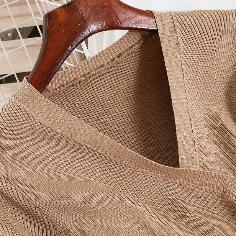 DEAT Spring Autumn Arrivals Solid Knitted Long Sleeve V-neck Temperament Fashion Split Women Midi Dress MZ930 210709