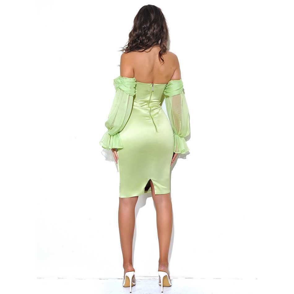 Summer Women Fashion Off Shoulder Mini Dress Sexy Long Lantern Sleeve Light Green Celebrity Runway Club 210525