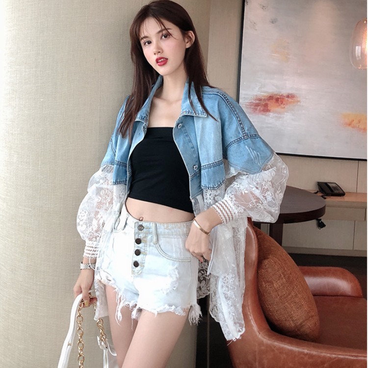 Women's Denim Jacket Lace Spring Summer Elegant Jeans Coat Fashion Ladies s Mujer 210519