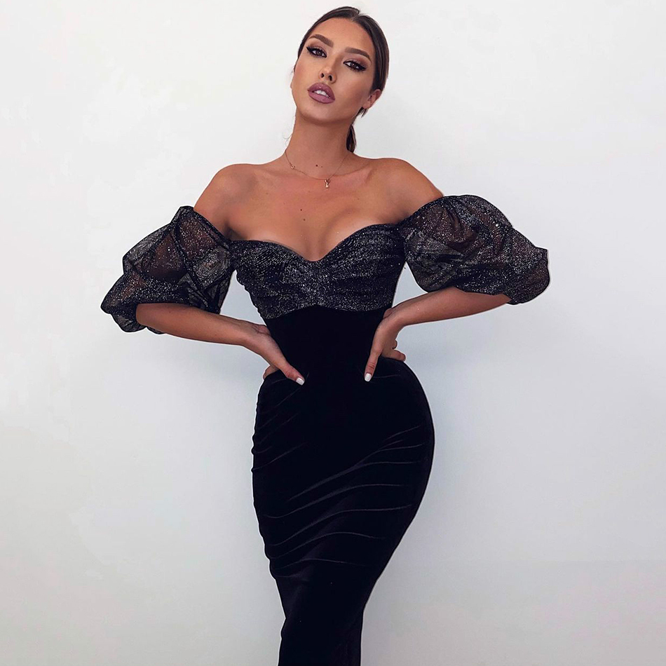 Free Women's Velvet Dress Sexy Card Shoulder Lantern Short Sleeve Bodycon Midi Club Party Shiny Vestidos 210524