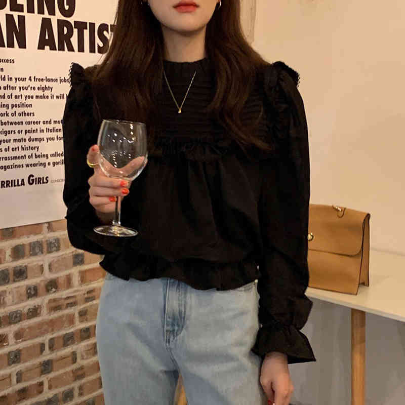 Nomikuma Causal Slim Waist Flare Sleeve Blouse Women Korean Stand Neck Shirt Spring New Pullover Blusas Mujer De Moda 6D864 210427