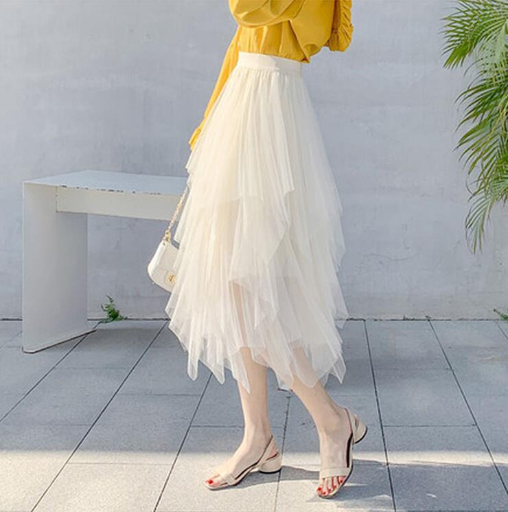 Women Irregular Mesh Skirt Korean Clothes Summer Vintage Elastic Waist Pleated Mid Long A-line Skirts Femme 210429