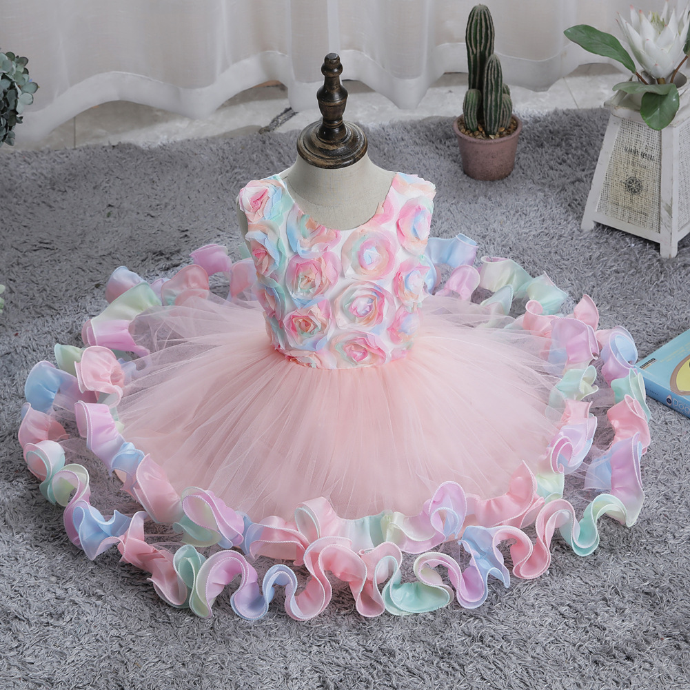 Vintage Flower Girls' Dresses Graduation Light Blue Clothes Kids Formal Wear With Lace 3D Rose Flowers Tutu A-line Tea-Length In Stock Birthday P
