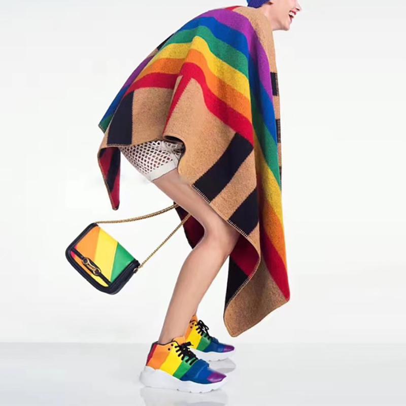 Women's Jackets 2022 Colorful Striped Woman Cape Poncho Winter Hit Color High Quality Wool Style Elegant Cloak Coats FashionWomen's