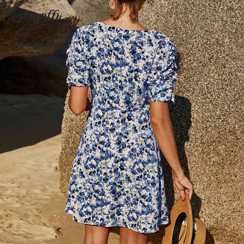 Sweetheart Neck Casual Print Ruched Mini Dresses Women Summer Short Sleeve Slim High Waist Ladies Vintage A-Line Dress 210510