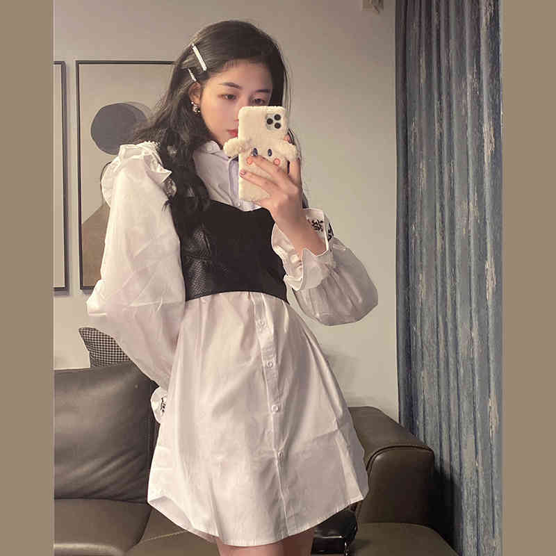 Casual Loose White Lapel Flare Sleeve Shirts Dress Women Mini + Sexy Black PU Leather Camisole Tops Fashion Retro Street High 210429