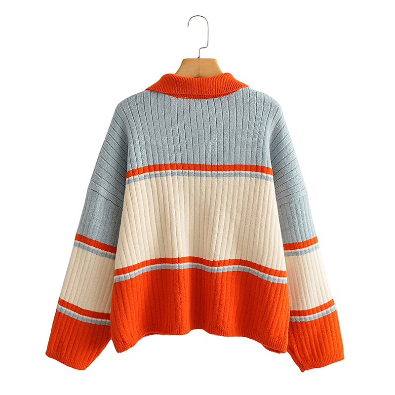 autumn winter chic Vintage Polo collar knitted cardigan women pullover loose shoulder sleeve striped sweater jacket top 210508