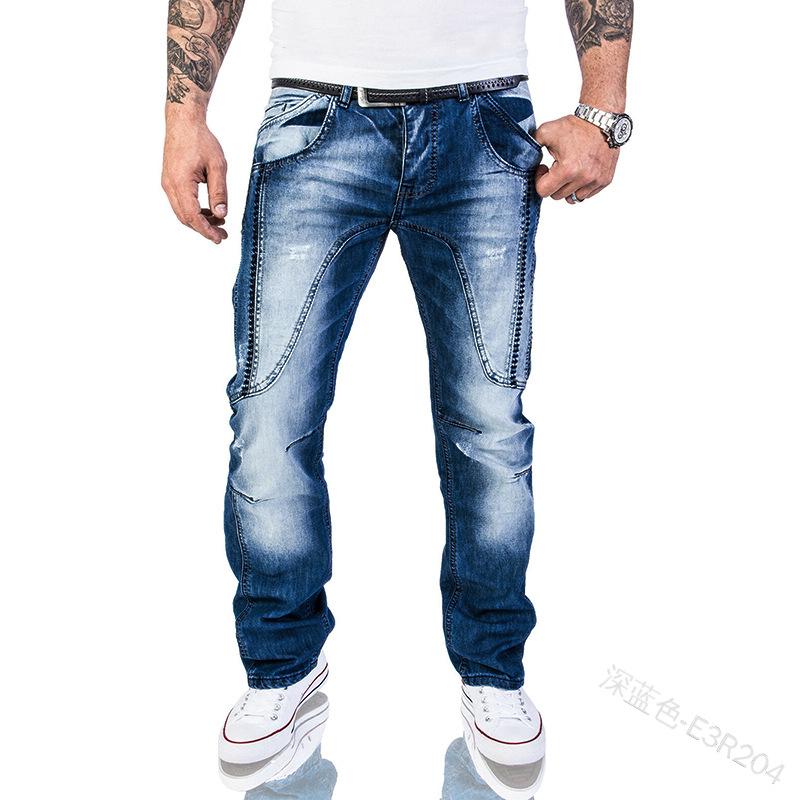 Solid Color Jeans Men's Casual Patchwork Pocket Denim Spring Low Waist Zipper Button Pleated Straight Pants