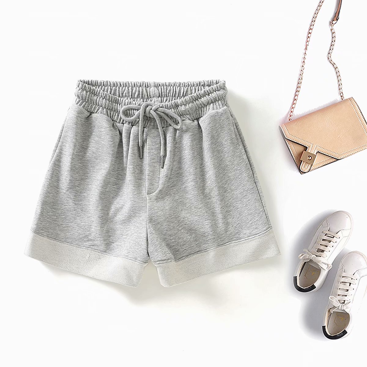 Vintage Gray Stitching Straight Elastic Belt Women Shorts Fashion Casual Loose Pants Chic Female 210507