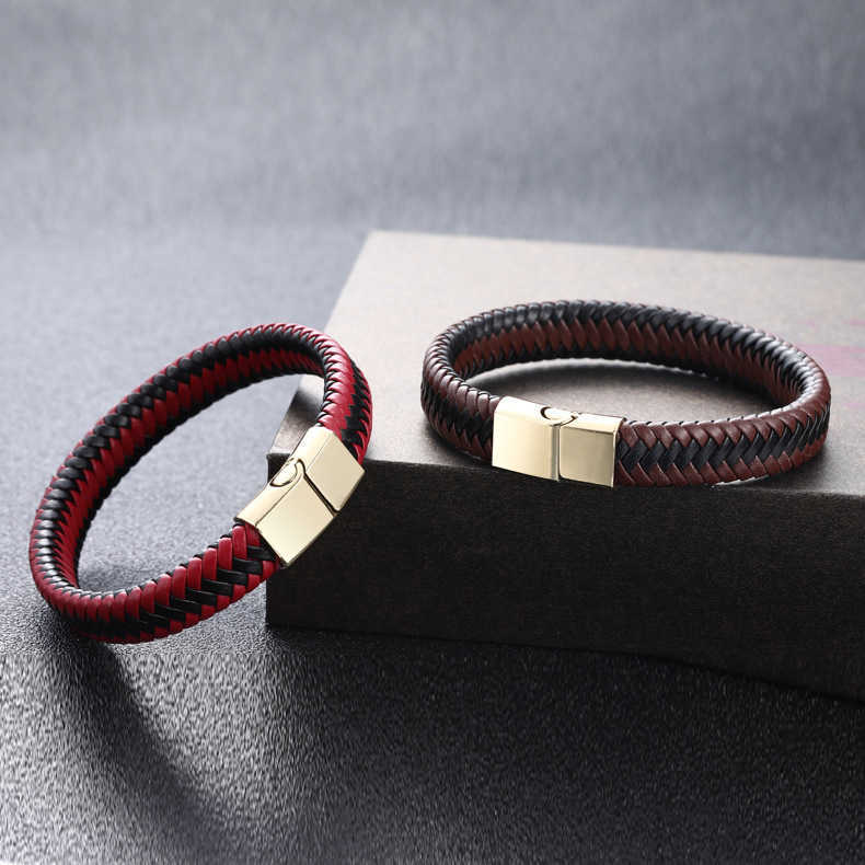 Fashion Men's Personality Punk Style Bracelet Black Leather Braided Bracelet Stainless Steel Magnetic Clasp Bracelet Wholesale G1026