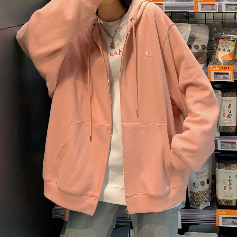 Women Korean Style Hoodie Zip-up Harajuku Oversized Solid Pocket Hooded Sweatshirts Autumn Long Sleeve Loose Baseball hoodie