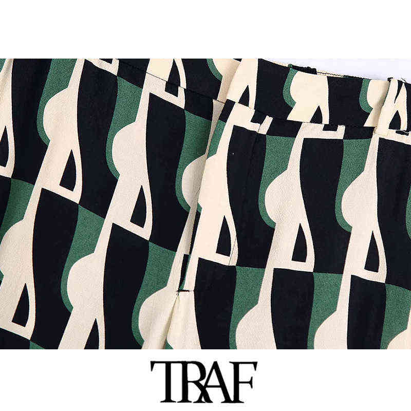 TRAF Women Fashion Side Pockets Printed Flared Pants Vintage High Elastic Waist Zipper Fly Female Trousers Mujer 211124Z