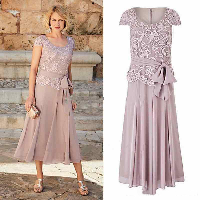 A Line Mother Of The Bride Dresses Tea Length Scoop Neck Lace Party Dress For Mothers Groom Formal Wear