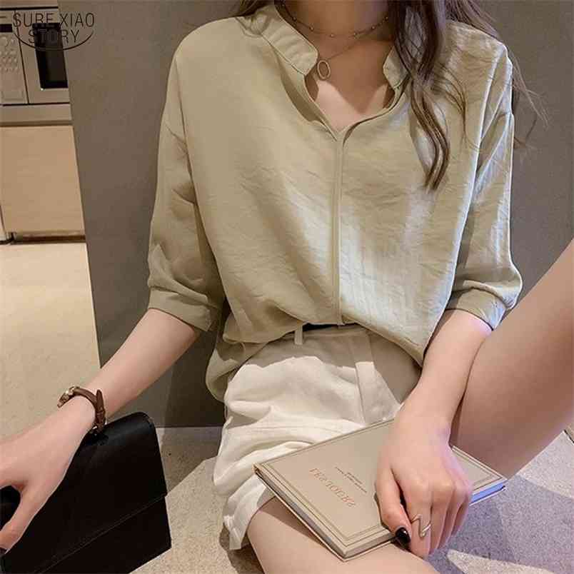 Solid Plus Size Loose Women Tops Casual V-neck Chiffon Blouses Blusas Mujer De Moda Elegant White Shirts 10240 210506