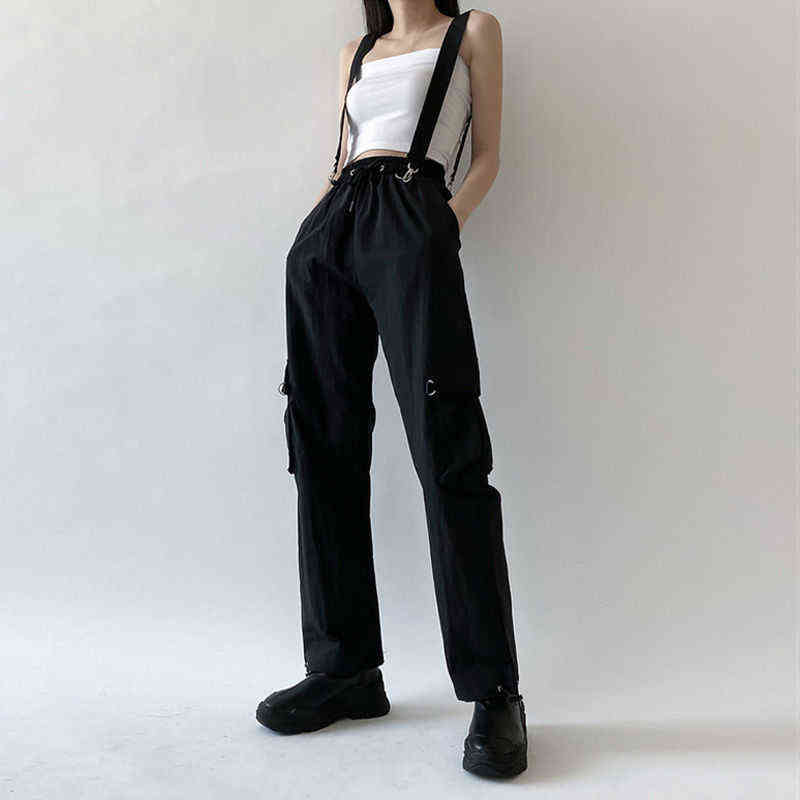 QWEEK Goth Cargo Pants Women Punk s Harajuku High Waist Oversize Detachable Strap Casual Trousers Emo Techwear 211115