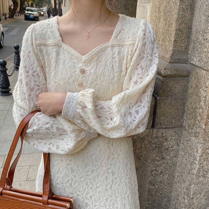 LY VAREY LIN Spring Autumn Women Elegant Square Collar Single Breasted Dress Long Sleeve High Waist Beige Lace Midi 210526