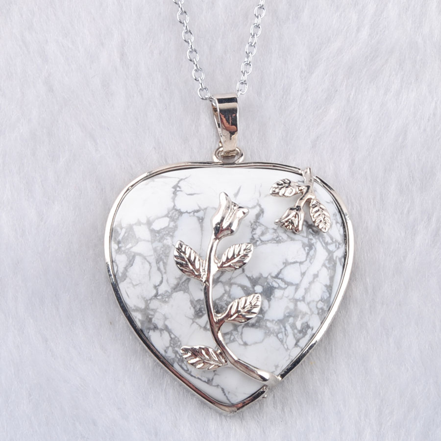 WOJIAER Love Heart Gem Stone Necklaces Pendant Natural White Turquoise Stone Charms Bohemian Style Women Jewellery N3183