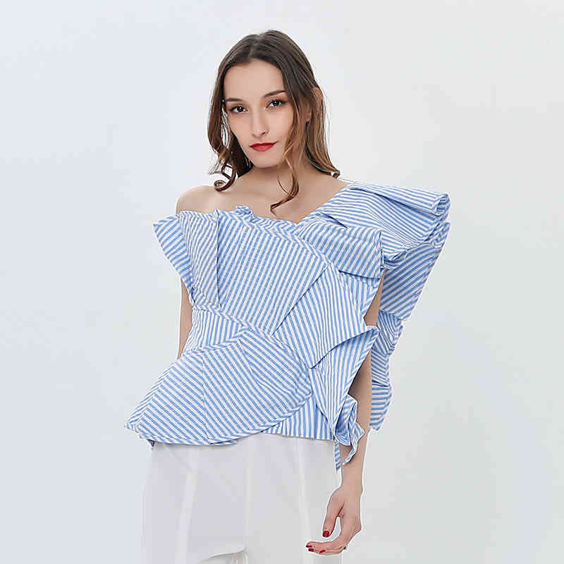 Asymmetrical Striped Shirt For Women Slash Neck Sleeveless Patchwork Ruffle Short Blouse Female Fashion Clothes 210524
