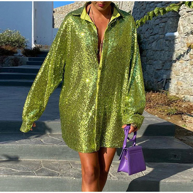 V Neck Sequins Party Dresses Long Sleeve Autumn Winter Loose Y2K Women Mini Shirts Dress Sexy Club Glitter Dress 220310