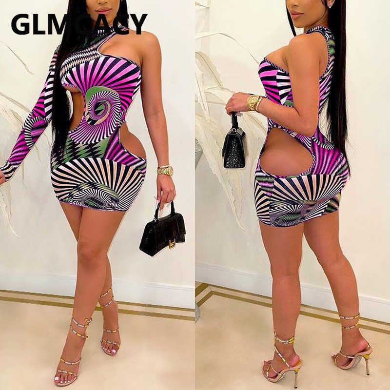 Women One Shoulder Cut Out Bodycon Dress Abstract Skinny Party Club Mini Dresses 210702