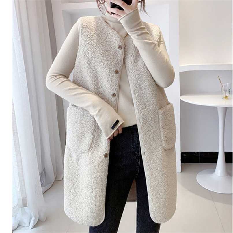 Winter Long Vest Jackets Lamb Wool Thicken Waistcoat Women Button Up Single Breasted Pocket Outwear Sleeveless Coat Garment 211120
