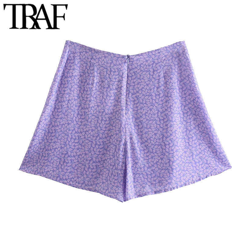 TRAF Women Chic Fashion Side Ties Printed Shorts Skirts Vintage High Waist Back Zipper Female Skort Mujer 210714