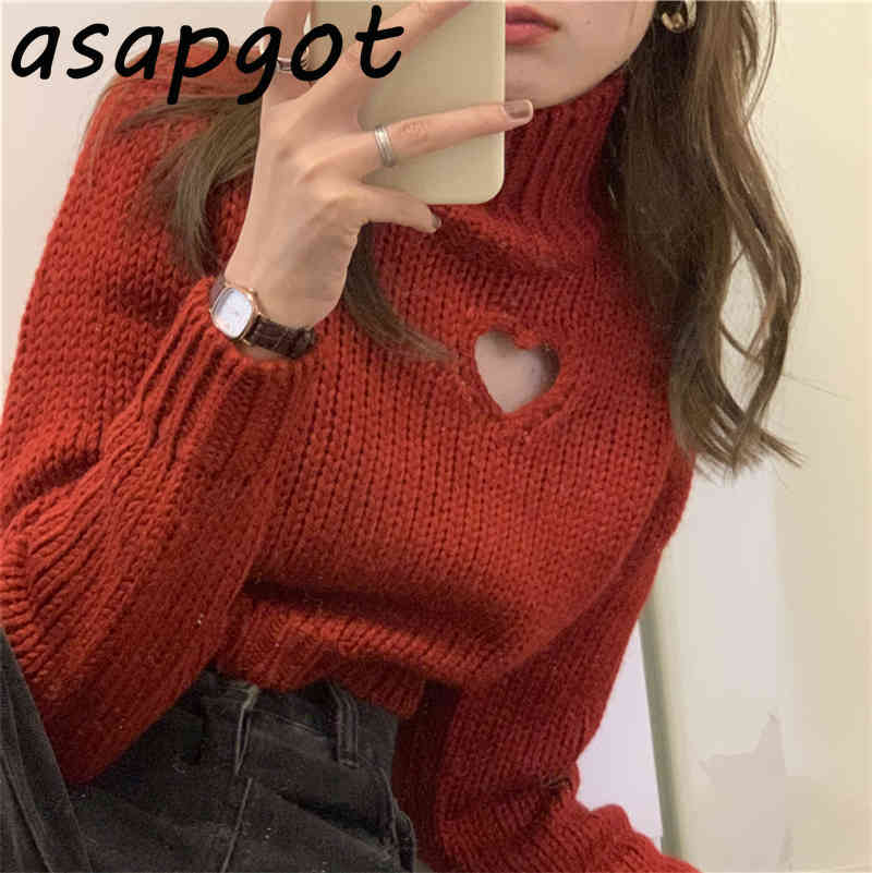 Solid Long Sleeve Red Turtleneck Pullovers Sweater Women Loose Love Heart Hollow Out Knitted Top Short Chic Fashion Korean Pull 210429