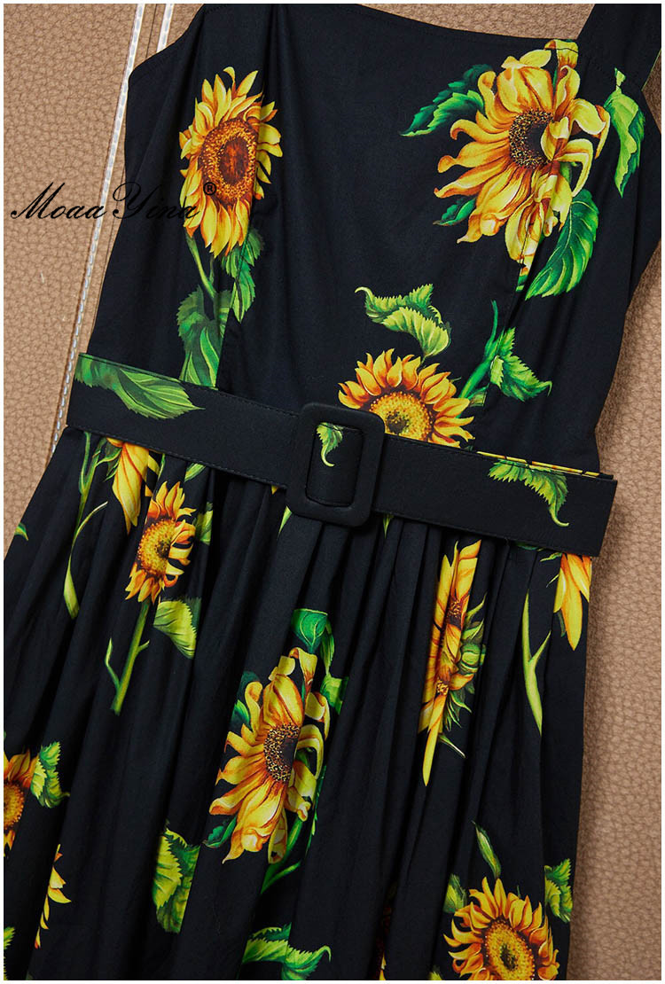 Women's Summer Black Cotton Spaghetti Strap Dresses Fashion Bohemian Vacation Sunflower print Elegant Party Dress 210524