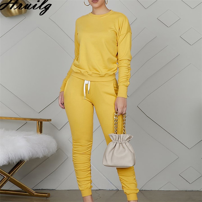 2 Piece Sets Womens Outfits Long Sleeve o Neck Tops Stacked Pants Set Autumn Casual Sportswear Trousers Tracksuit Conjunto 210513