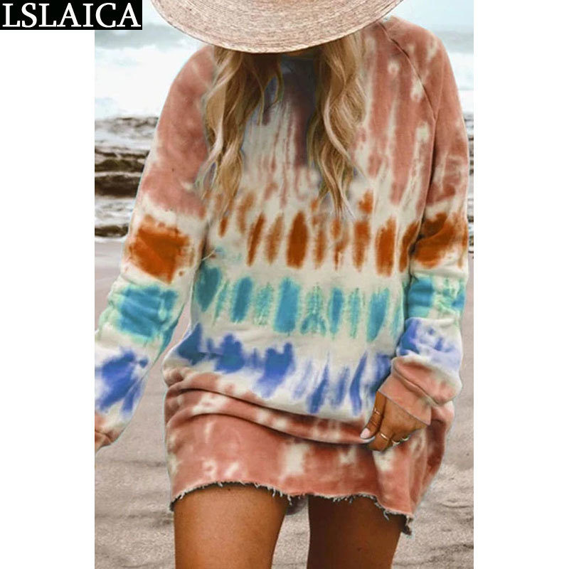 Loose Long Sleeve Dresses O-Neck Tie-Dye Casual Plus Size Homewear Fashion t Shirt Women Vestidos Para Mujer 210515
