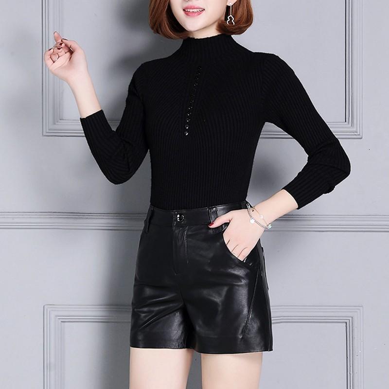 Real Leather Casual Streetwear High Waist Black Female Shorts Straight Punk Korean Fashion Sheepskin OL Plus Size 4XL Trousers Women's