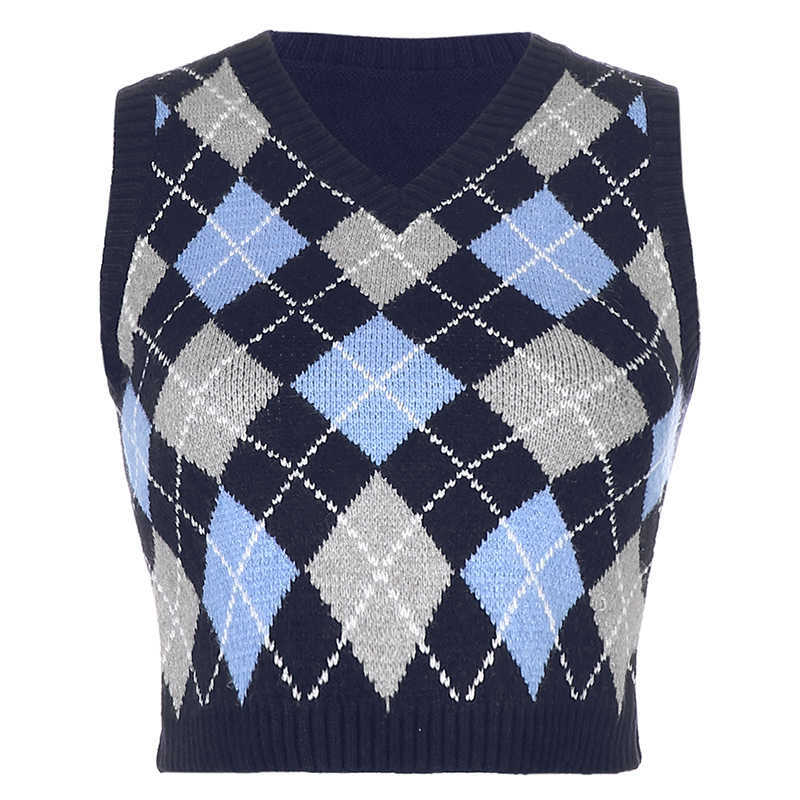 HEYounGIRL V Neck Vintage Argyle Sweater Vest Women Y2K Black Sleeveless Plaid Knitted Crop Sweaters Casual Autumn Preppy Style 210819