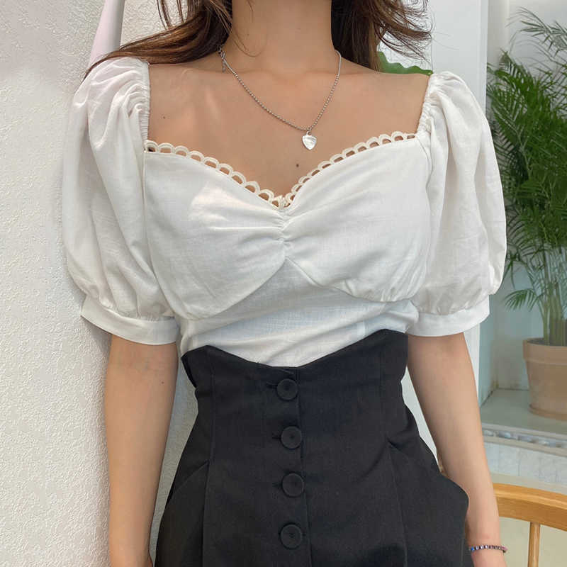 Korejpaa Women Shirt Summer French Niche Square Neck Lace Embellished Clavicle Pleated Slim-Fit Short Puff Sleeve Blouses 210526