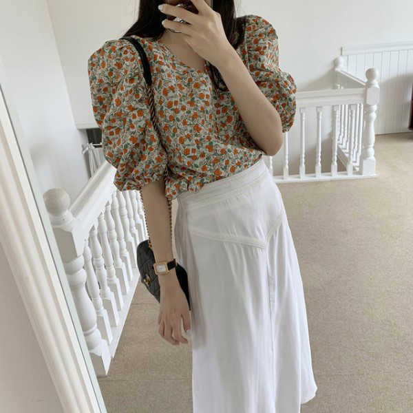 Korejpaa Women Shirt Summer Korea Chic Fresh Sweet Thin V-Neck Loose Casual All-Match Puff Sleeve Full Screen Flower Blouse 210526