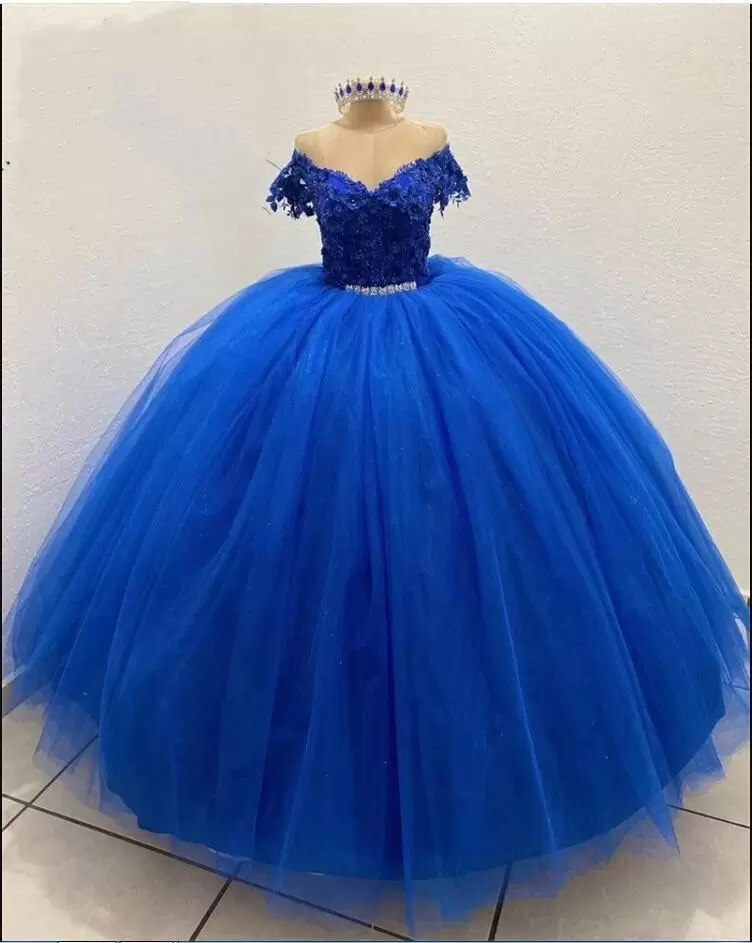 Royal Blue Quinceanera Dree Beaded Crytal D Ral Lace Applique Off The Shoulder Cap Sleeve Cutom Made Sweet Prince Prom Pageant Ball Gown