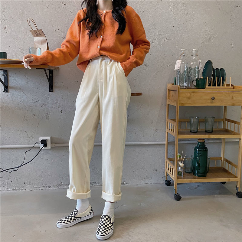 Wonder Harajuku Corduroy Chic Fall Trendy High Waist Streetwear All-match Ins Daily Trousers 210510