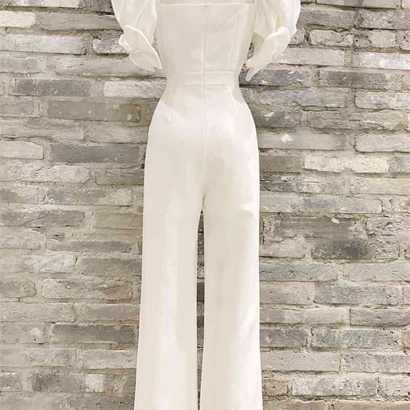 Sexy Women V-Neck Puff Sleeve Bow Jumpsuits Ladies Overalls Elegant Fashion OL High Waist Slim White Rompers 210519
