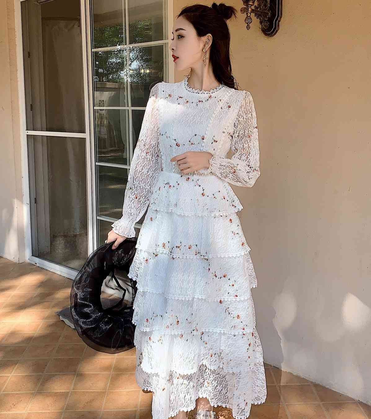 Spring Fashion Women Lace Embroidery Maxi Dress Female Long Sleeve Elegant Slim Ruffles Dresses 210519
