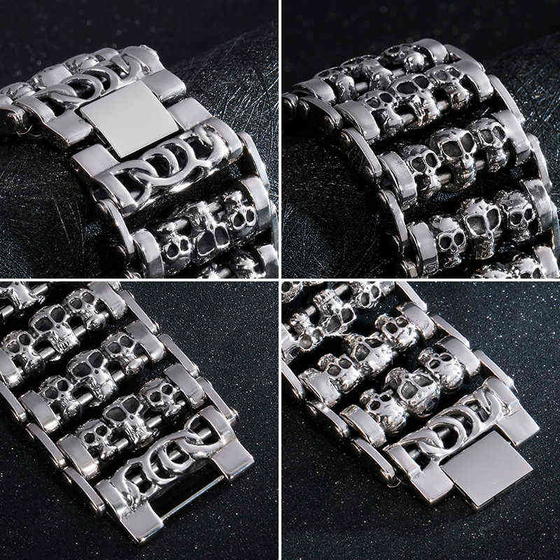 Fongten Wholesale Wide Skull Stainless Steel Bracelets Men Metal Biker Viking Charm Large Argent Bracelet Bangle Jewelry 211124