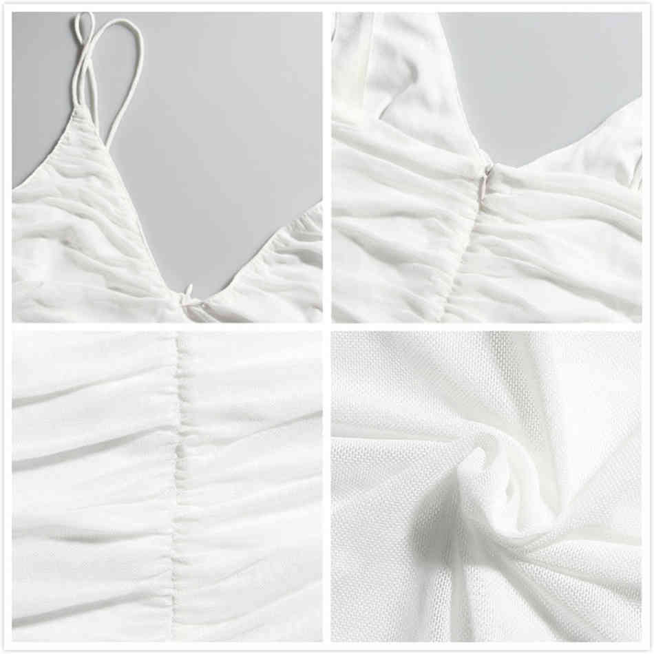 Free Women's White Mesh Dress Sexy V-neck Sleeveless Bodycon Draped Midi Celebrity Club Party Vestidos 210524