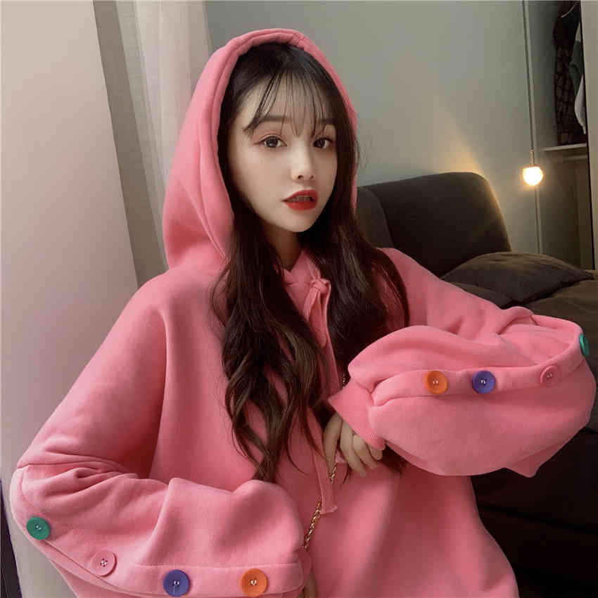 Nomikuma Autumn Winter Plus Velet Pullover Hooded Sweatshirt Causal Colourful Buttons Long Sleeve Hoodies Korean Jumper 6C639 210427