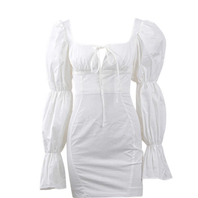 DEAT Women Dress Square Collar Long Petal Sleeve Arrivals Lady Sexy Temperament Fashion Spring Summer 11D1117 210709