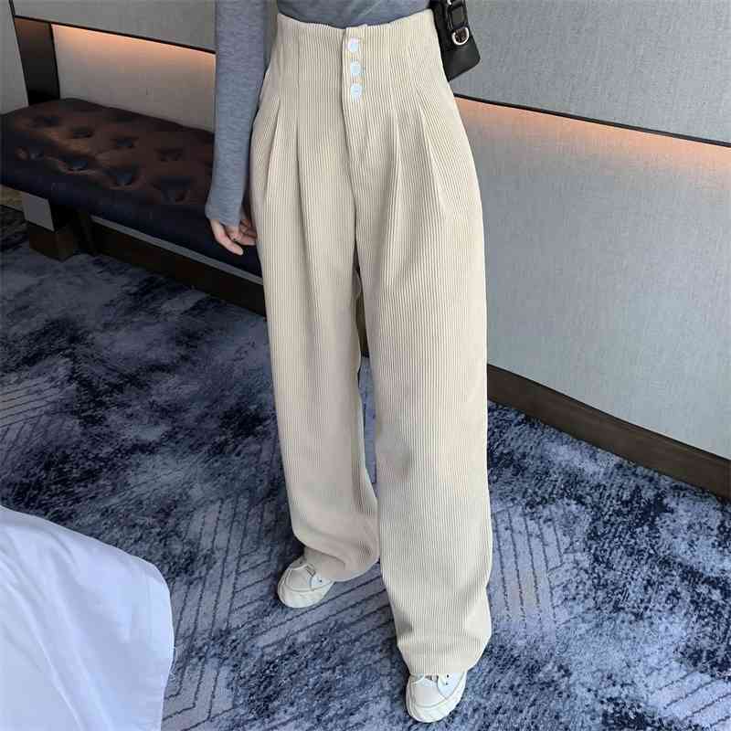 Corduroy High Waist Wide Leg Long Pants Trousers Women Buttons Casual Korean Straight Floor-length Female Fashion 210518